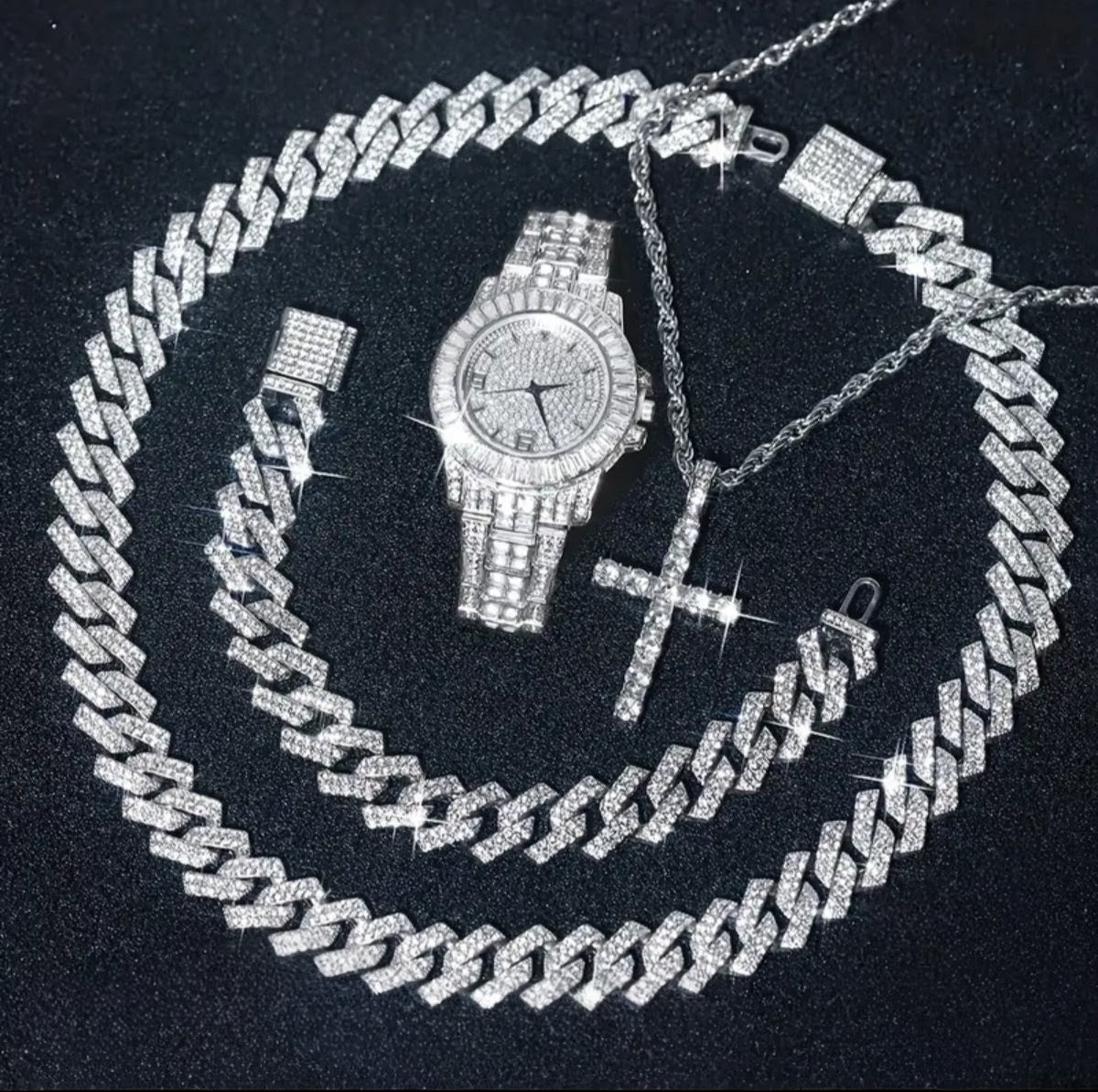 Reloj Cubano Plateado + Cadena + Pulsera + Dije Cruz