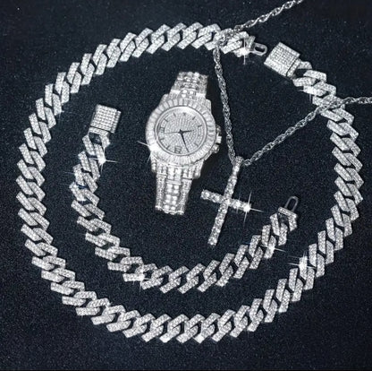 Reloj Cubano Plateado + Cadena + Pulsera + Dije Cruz