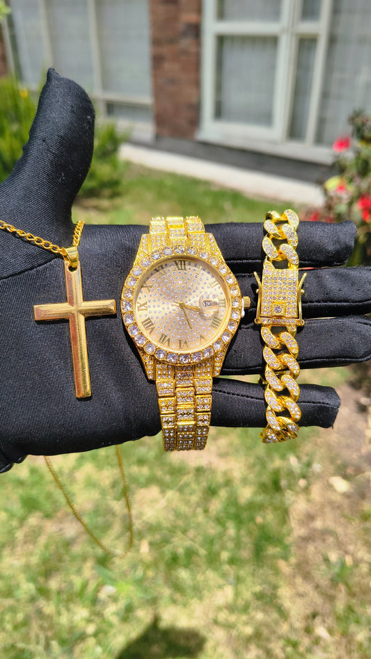 Reloj Dorado + Pulsera Cubana+ Collar Cruz