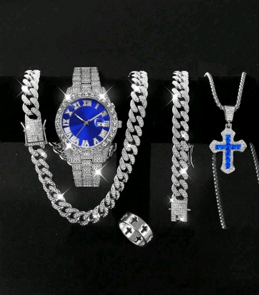 Reloj Plateado Azul + Cadena Cubana + Pulsera Cubana + Dije Cruz + Anillo Gratis