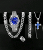 Reloj Plateado Azul + Cadena Cubana + Pulsera Cubana + Dije Cruz + Anillo Gratis
