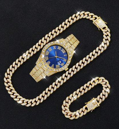 Reloj Dorado Azul + Cadena Cubana + Pulsera Cubana
