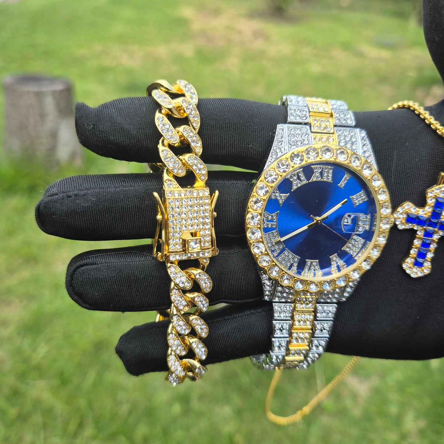 Reloj Imperial Azul + Pulsera Cubana + Dije Cubano
