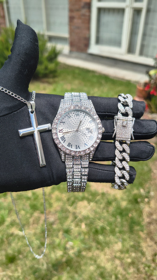 Reloj Plateado + Pulsera Cubana+ Collar Cruz