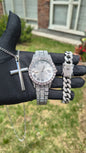 Reloj Plateado + Pulsera Cubana+ Collar Cruz