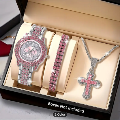 Reloj Cubano Rosado + Pulsera Cubana + Dije Cruz