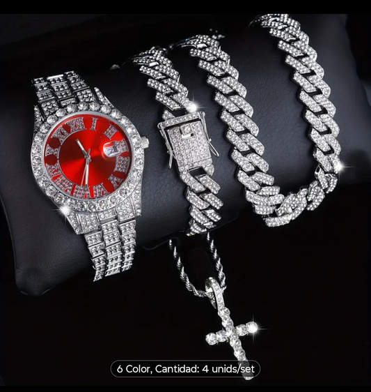 Reloj Cubano Rojo + Cadena + Pulsera+ Dije Cruz GRATIS