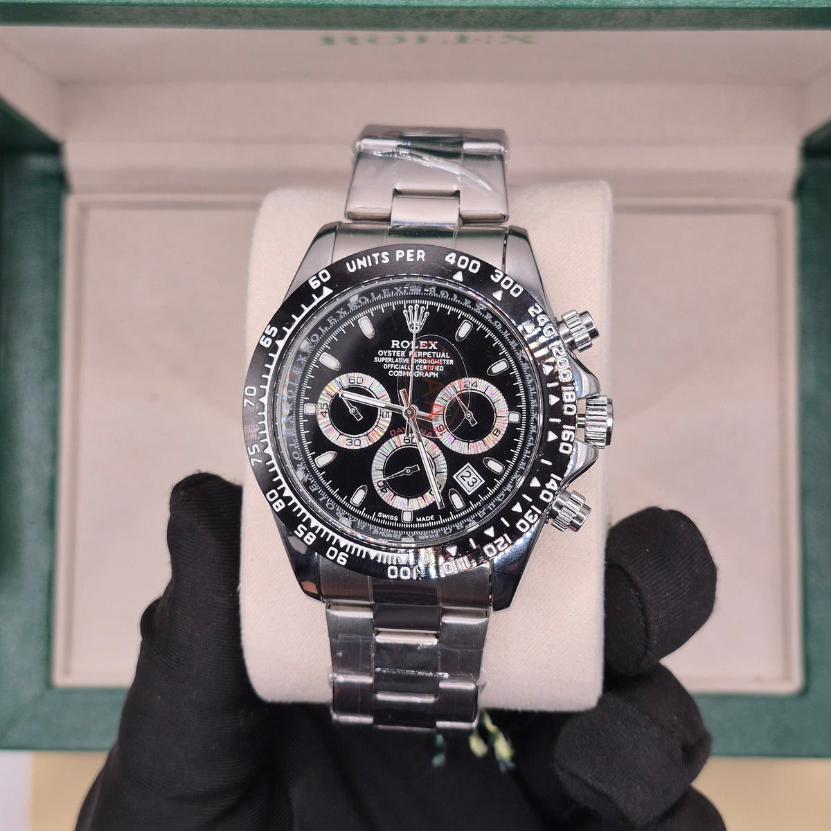 Rolex Daytona Semiautomático Tapa Transparente Full Silver Dial Negro