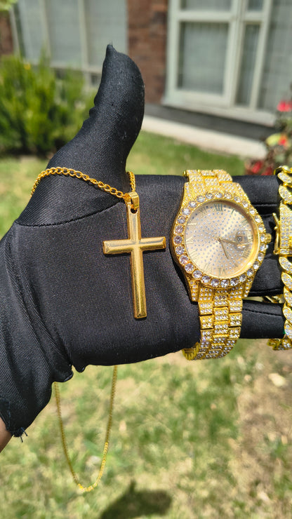 Reloj Dorado + Pulsera Cubana+ Collar Cruz