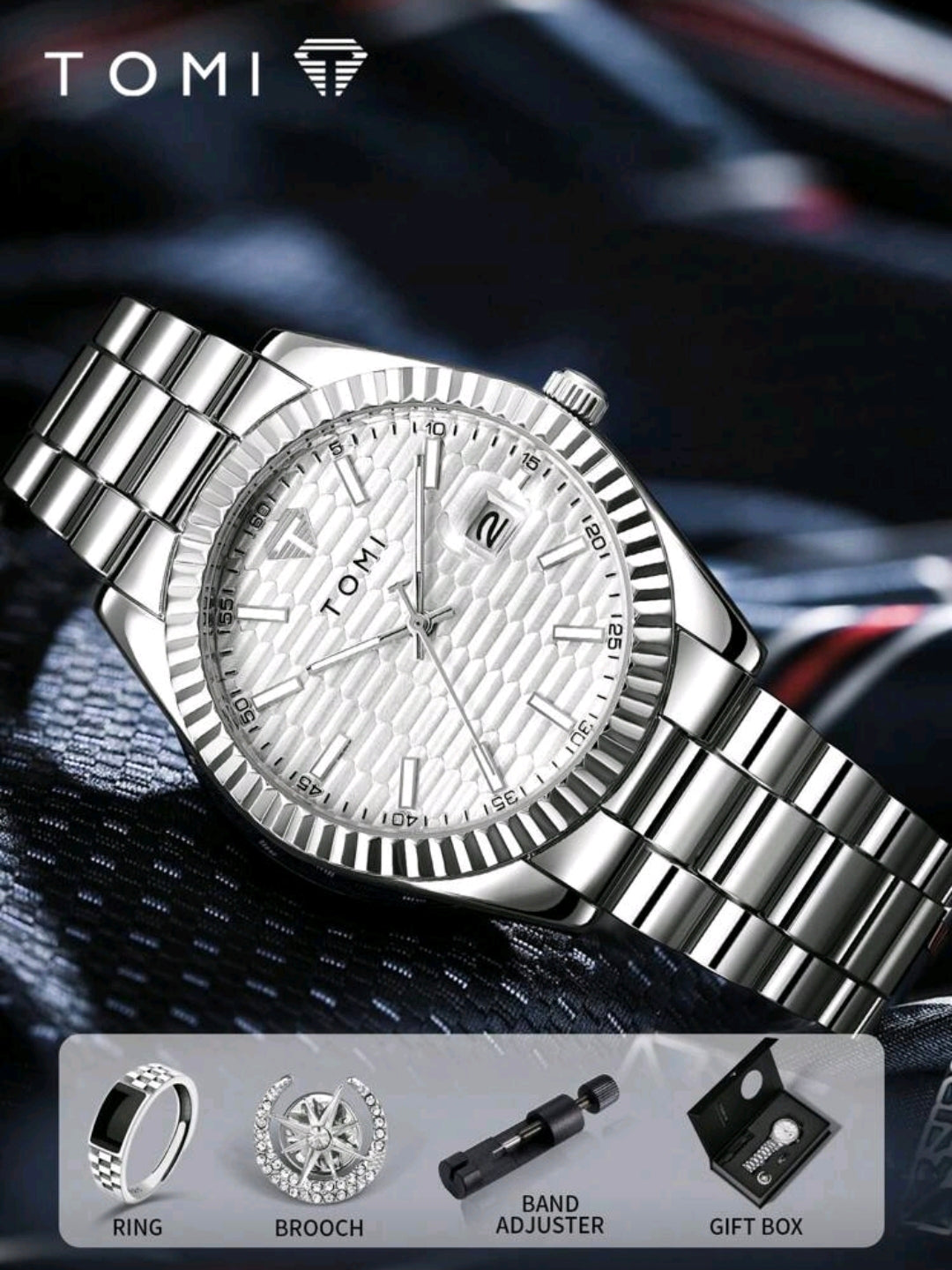 Reloj Tomi Blanco + Anillo Ajustable + Broche + Caja Lujo GRATIS