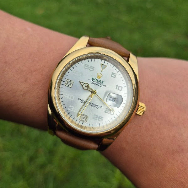Reloj Rolex Cuero Day Date (Cafe-Dorado) + Caja Rolex GRATIS