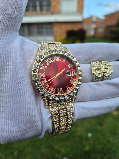 Reloj Dorado Rojo + Anillo Dinero Cubano Premium