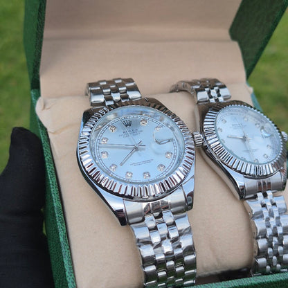 Relojes Rolex Pareja Date Just Plateados Blancos + Caja De Lujo Gratis