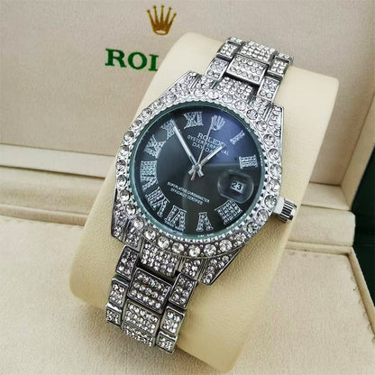 Rolex Date Just Plateado Cara Negra FULL SET