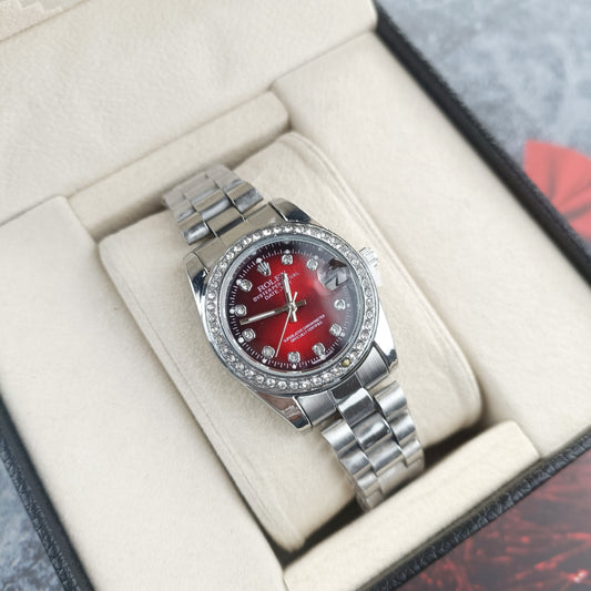 Rolex Femenino Date Just Bisel Perlas Plateado Rojo
