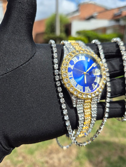 Reloj Imperial Azul + Cadena Tenis + Pulsera Tenis