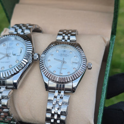 Relojes Rolex Pareja Date Just Plateados Blancos + Caja De Lujo Gratis