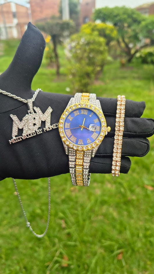 Reloj Imperial Azul + Dije Cubano + Pulsera Elastica