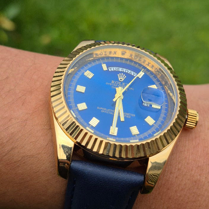 Reloj Rolex Cuero Azul Day Date + Caja Rolex GRATIS